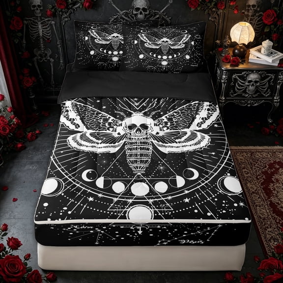 Erosebridal Celestial Moth Print Zipper Twin Comforter Sets with Fitted Sheet and 2 Pillowcases for Women Men, Black White Moon Witch Zipper Bedding Set, Black Reversible, 4pcs