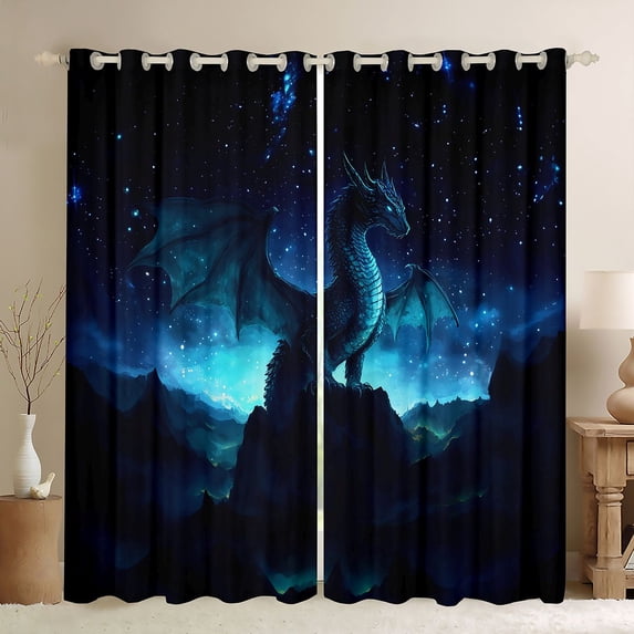 Erosebridal Celestial Starry Dragon Curtains Pack of 2 (42x84 Each) for Boys and Girls, Teal Blue Fantasy Curtains Blackout