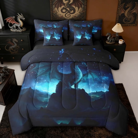 Erosebridal Celestial Starry Dragon Twin Bedding Sets for Boys and Girls, Teal Blue Fantasy Bedding Comforter Set, Black Reversible, 7 Pieces