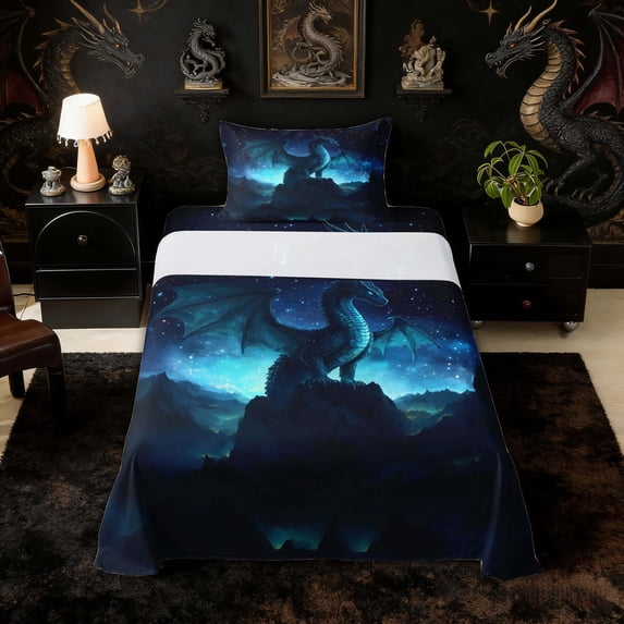 Erosebridal Celestial Starry Dragon Twin Sheet Sets for Boys and Girls, Teal Blue Fantasy Bedding, 3-Piece, 1 Flat Sheet, 1 Fitted Sheet and 1 Pillowcase