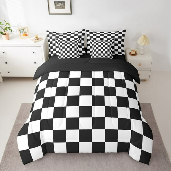 Erosebridal Check Plaid Bedding Sets Twin Size, Geometric Comforter Sets with Sheets, Farmhouse Gingham Decor, Reversible 7 Pieces