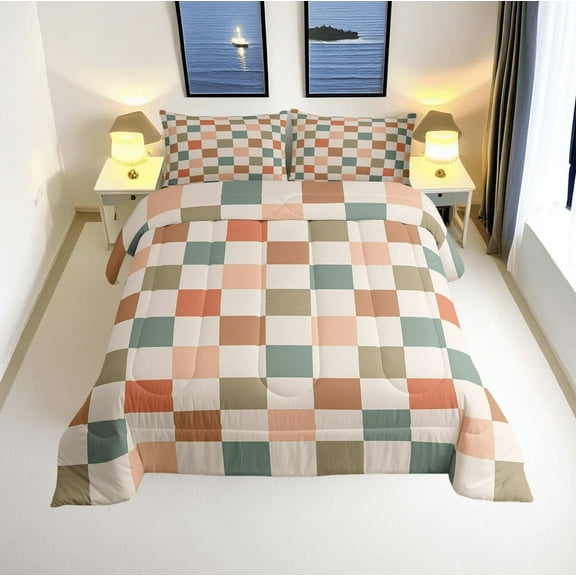 Erosebridal Check Plaid Bedding Sets Twin with Comforter, Geometric Duvet Insert, Farmhouse Gingham Decor, Microfiber 2 Pieces