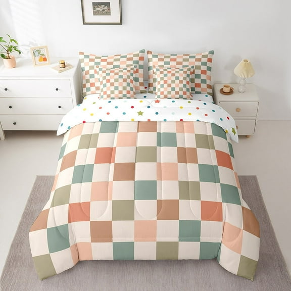 Erosebridal Check Plaid Bedding Twin Size, Geometric Bed in a Bag Twin size, Farmhouse Gingham Decor, Reversible 7 Pieces