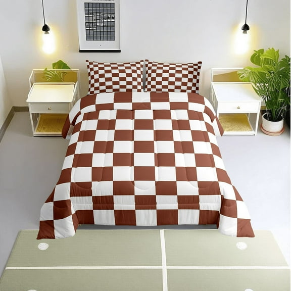 Erosebridal Check Plaid Comforter Sets Twin Size, Geometric Comforters & Duvets, Farmhouse Gingham Decor, Reversible 2pcs