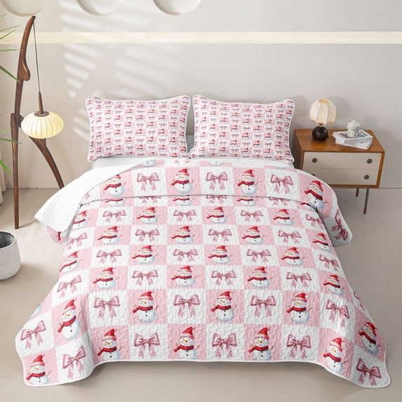 Erosebridal Checker Snowman Bow Quilt Full for Girls, Merry Christmas Theme Full Bedspread Sets, 3pcs