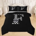 thumbnail image 1 of Erosebridal Checkered Bow Letter F Queen Comforter Set for Girls, Black White Ribbon Bedding Comforter Set, Black Reversible, 3-Piece, 1 of 6