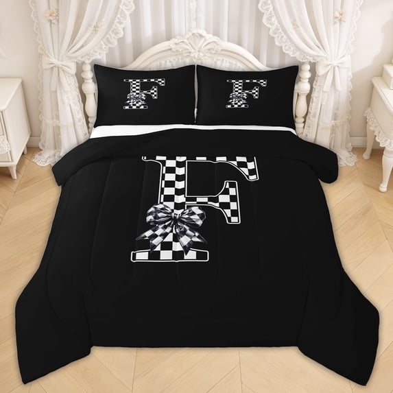 Erosebridal Checkered Bow Letter F Queen Comforter Set for Girls, Black White Ribbon Bedding Comforter Set, Black Reversible, 3-Piece
