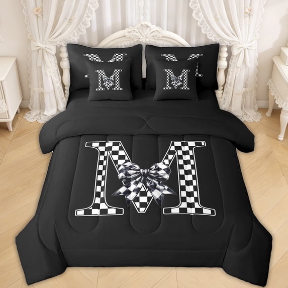 Erosebridal Checkered Bow Letter M Bedding Comforter Set for Girls, Black White Ribbon King Bedding Sets, Black Reversible, 7 Pieces