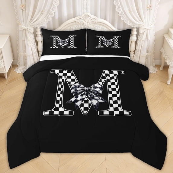Erosebridal Checkered Bow Letter M Queen Comforter Set for Girls, Black White Ribbon Bedding Comforter Set, Black Reversible, 3 Pieces