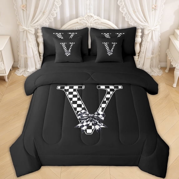 Erosebridal Checkered Bow Letter V Bedding Comforter Set for Girls, Black White Ribbon Full Bedding Set, Black Reversible, 7 Pieces