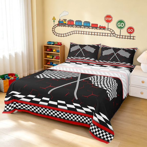 Erosebridal Checkered Flag Bed Sheets, Racing Full Size Sheets, Crossed Flags White 4pcs (1 Flat Sheet, 1 Fitted Sheet and 2 Pillowcases)