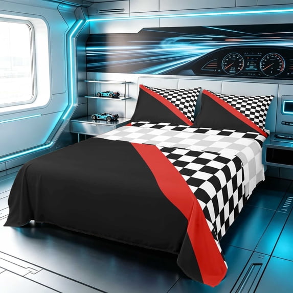 Erosebridal Checkered Flag Bed Sheets, Racing Full Size Sheets, Red Stripe Checkered 4pcs (1 Flat Sheet, 1 Fitted Sheet and 2 Pillowcases)