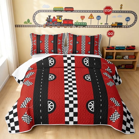 Erosebridal Checkered Flag Bed Spread Queen, Race Car Queen Coverlet Set, Red Black Road 3 Pieces 1 Quilt and 2 Pillowcases