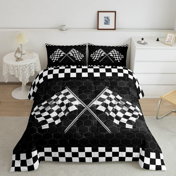 Erosebridal Checkered Flag Bedding Queen Comforter Set, Honeycomb Geometry Down Comforter, Racing Car Decor, Reversible 3pcs