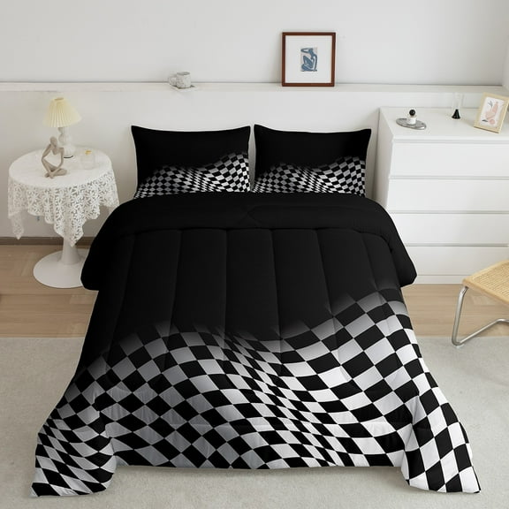 Erosebridal Checkered Flag Bedding Sets Full with Comforter, Black White Duvet Insert, Square Geometry Decor, Reversible