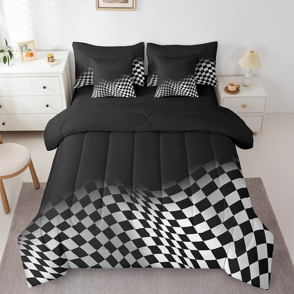 Erosebridal Checkered Flag Bedding Sets Twin Size, Black White Comforter Sets with Sheets, Square Geometry Decor, Reversible
