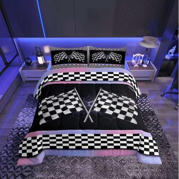 Erosebridal Checkered Flag Bedding Twin Comforter Set, Racing Car Down Comforter, Geometric Decor, Super Cozy 2pcs