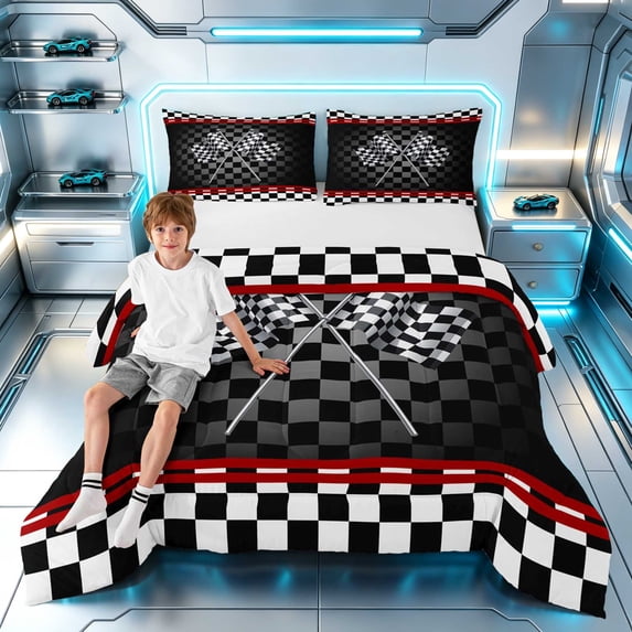 Erosebridal Checkered Flag King Size Comforter Sets, Racing Comforters King Size, Crossed Flags Red, Black Reversible 3-Piece 1 Comforter and 2 Pillowcases