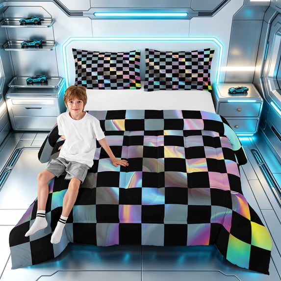 Erosebridal Checkered Flag King Size Comforter Sets, Racing Comforters King Size, Holographic Checkered, Black Reversible 3pcs 1 Comforter and 2 Pillowcases