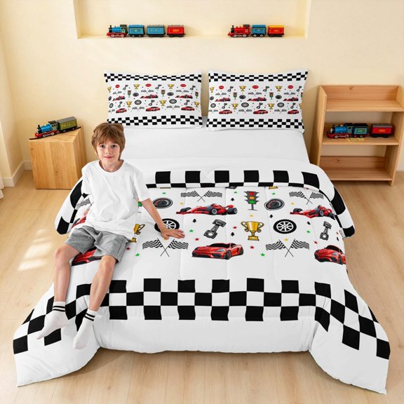 Erosebridal Checkered Flag Queen Comforter Set, Race Car Comforter Sets Queen, Cream Trophy Cars, Black Reversible 3pcs 1 Comforter and 2 Pillowcases