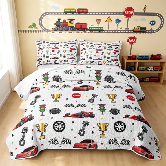 Erosebridal Checkered Flag Quilt Full, Race Car Full Bedspread Sets, Red Trophy Cars 3 Pieces 1 Coverlet and 2 Pillowcases