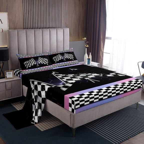 Erosebridal Checkered Flag Sheet Set Twin, Racing Car Bedding Sets Twin Size, Geometric Decor 3pcs
