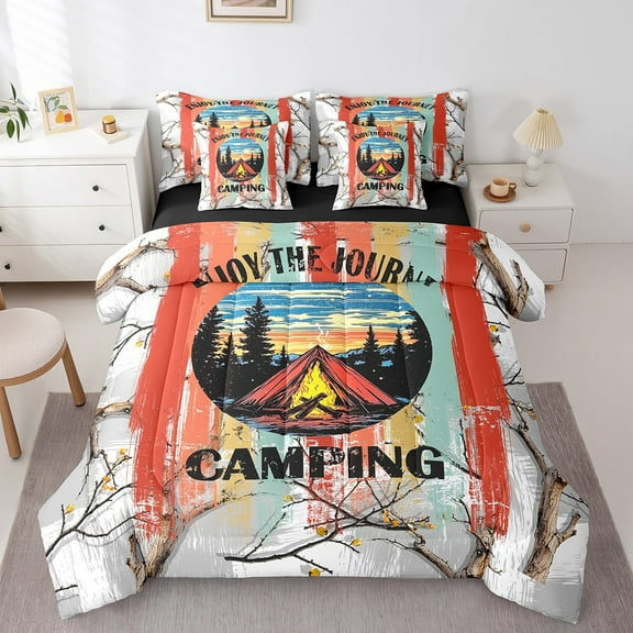 Erosebridal Happy Camping Bedding Sets King Size,Geometric Stripes Bed in a Bag King size,Super Cozy Reversible Bedding King Size,Oil Painting Decor,7 Pieces