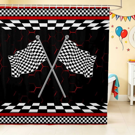 Erosebridal Checkered Flag Shower Curtain 72Wx84L, Racing Bathroom Shower Curtain, Crossed Flags White