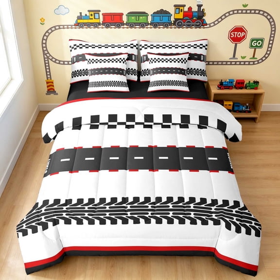 Erosebridal Checkered Flag Twin Bedding, Race Car Bedding Comforter Set, Tire Track Road, Black Reversible 7pcs
