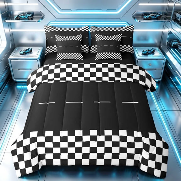 Erosebridal Checkered Flag Twin Bedding, Racing Bedding Comforter Set, Black White Checkered, Black Reversible 7pcs