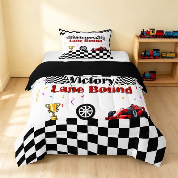 Erosebridal Checkered Flag Twin Comforter Sets, Race Car Bedding Set, Victory Lane, Black Reversible 2pcs 1 Comforter and 1 Pillowcase
