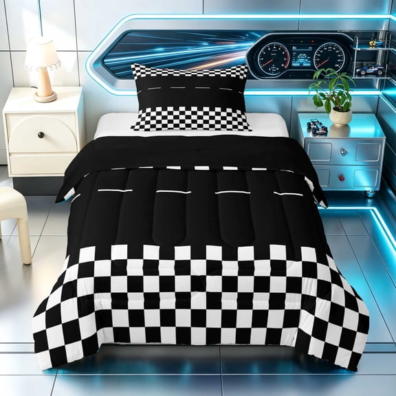 Erosebridal Checkered Flag Twin Comforter Sets, Racing Bedding Set, Black White Checkered, Black Reversible 2-Piece 1 Comforter and 1 Pillowcase