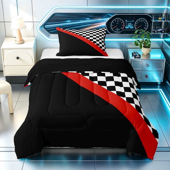 Erosebridal Checkered Flag Twin Comforter Sets, Racing Bedding Set, Red Stripe Checkered, Black Reversible 2 Pieces 1 Comforter and 1 Pillowcase