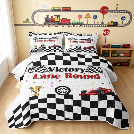 Erosebridal Checkered Flag Twin Quilt Set, Race Car Twin Coverlet Set, Victory Lane 2pcs 1 Bedspread and 1 Pillowcase