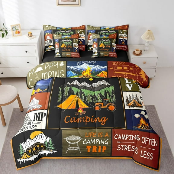 Erosebridal Happy Adventure Bedding Sets King Size,Camping Rv Car Bed in a Bag King size,Microfiber Reversible Bedding King Size,Teenager Bedroom Decor,7 Pieces