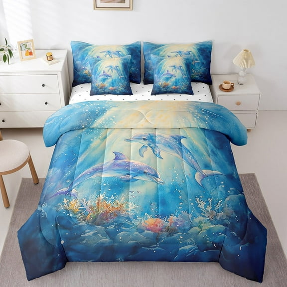 Erosebridal Ocean Dolphin Bedding Sets King Size,Marine Animal Bed in a Bag King size,Ultra Soft Reversible Bedding King Size,Sea Theme Decor,7 Pieces