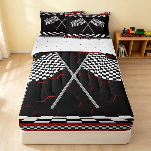 Erosebridal Checkered Flag Zipper Queen Comforter Set with Fitted Sheet and 2 Pillowcases, Racing Zipper Bedding Set, Crossed Flags White, Reversible