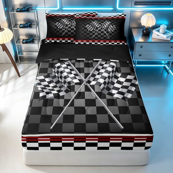 Erosebridal Checkered Flag Zipper Twin Comforter Sets with Fitted Sheet and 2 Pillowcases, Racing Zipper Bedding Set, Crossed Flags Red, Black Reversible