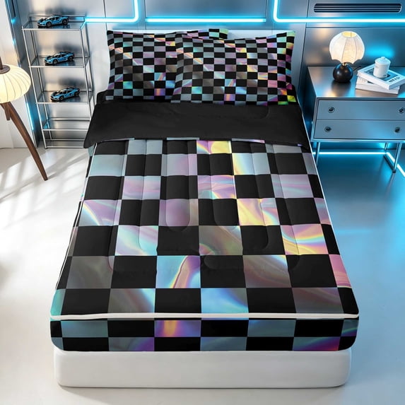 Erosebridal Checkered Flag Zipper Twin Comforter Sets with Fitted Sheet and 2 Pillowcases, Racing Zipper Bedding Set, Holographic Checkered, Black Reversible