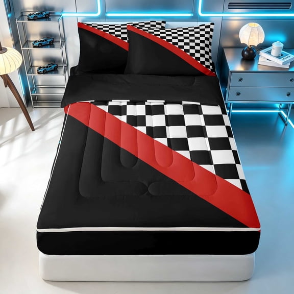 Erosebridal Checkered Flag Zipper Twin Comforter Sets with Fitted Sheet and 2 Pillowcases, Racing Zipper Bedding Set, Red Stripe Checkered, Black Reversible