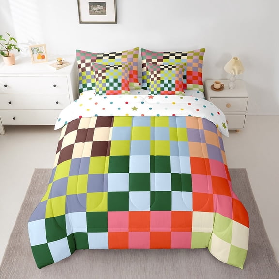 Erosebridal Checkered Gingham Bedding Sets Twin Size, Rectangle Geometry Comforter Sets with Sheets, Teens, Reversible 7pcs