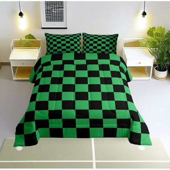 Erosebridal Checkered Gingham Bedding Sets Twin with Comforter, Green Black Duvet Insert, Rectangle Geometry Decor, Lightweight