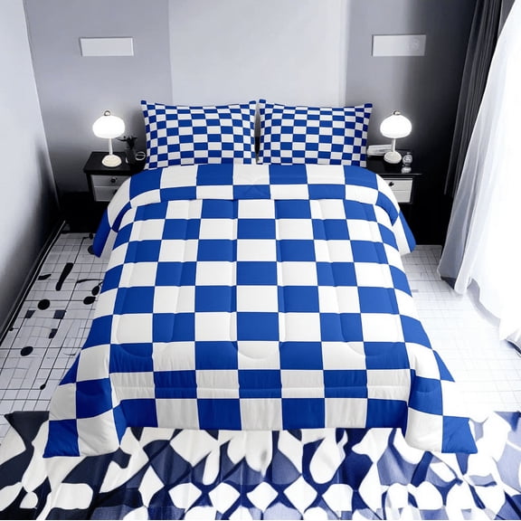 Erosebridal Checkered Gingham Bedding Twin Comforter Set, Blue White Down Comforter, Rectangle Geometry Decor, Microfiber
