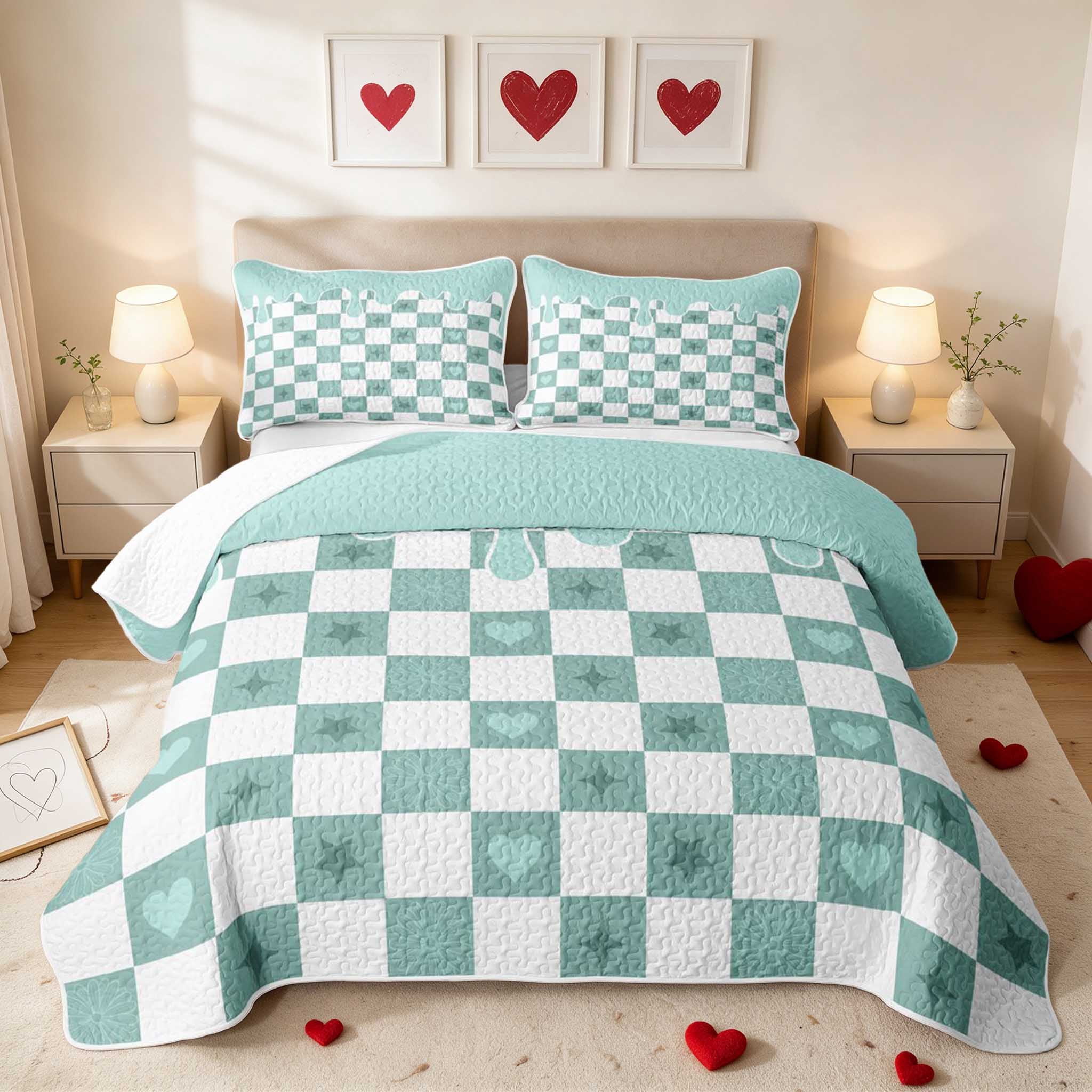 Erosebridal Checkered Heart Dripping Daisy Quilt King for Girls, Teal ...