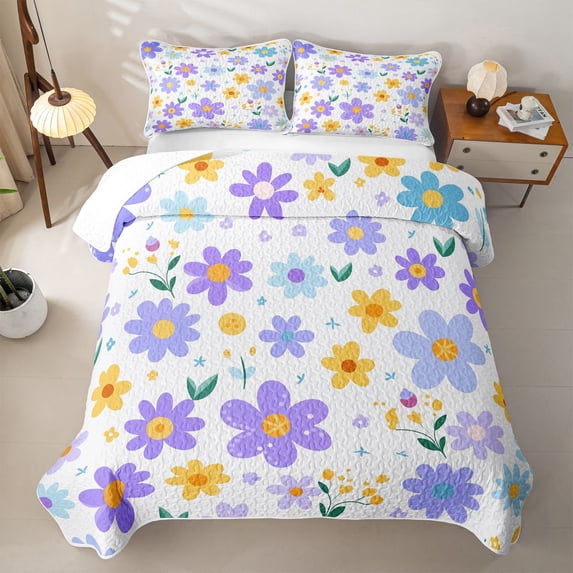 Erosebridal Cheerful Daisy Bed Spread Queen,Multicolor Floral Bloom Print Queen Coverlet Set For Girls,3 Pieces
