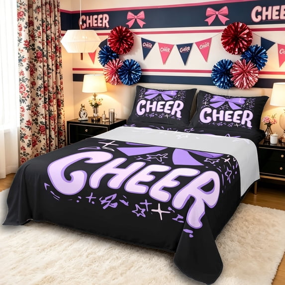 Erosebridal Cheerleader Bow Tie Full Size Sheets 4-Piece for Teens,Girls Gymnastics Cheer Team Bed Sheets,Luxury Bedroom Decor