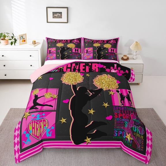 Erosebridal Cheerleading Cheerleader Bedding Sets Full with Comforter,Cheer Team Duvet Insert,Bling Glitter Comforter Sets Full Size,Lightweight Dance Bedroom Decorative,Reversible,3pcs