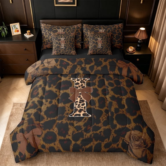 Erosebridal Cheetah Animal Print 7 Pieces Bedding Comforter Set,Letter I Monogram Full Bedding Set For Bow Lovers,Black Reversible