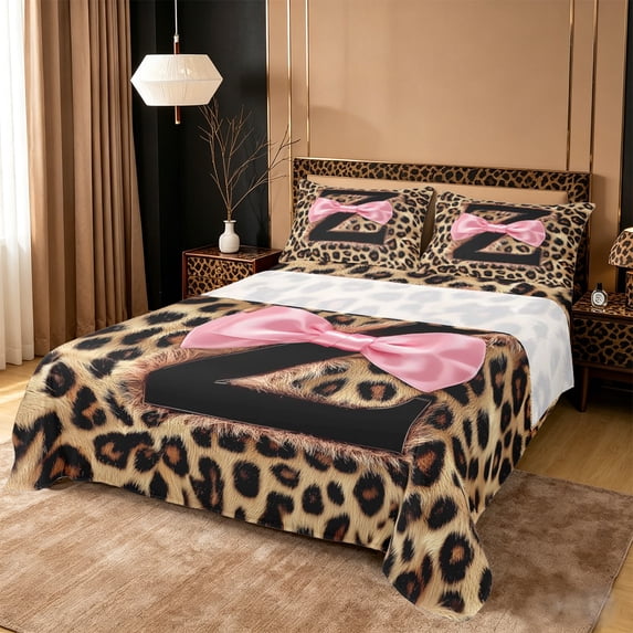 Erosebridal Cheetah Animal Print Queen Sheet Sets For Girls,Black Letter Z Personalized Gifts Kids Bed Set 4 Pieces