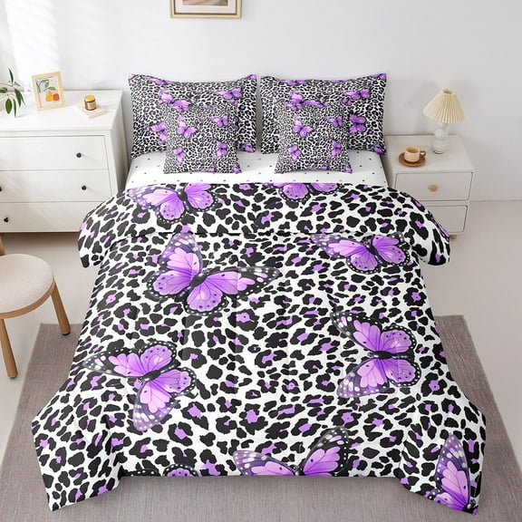 Erosebridal Cheetah Leopard Print Bedding Sets Twin with Comforter, Butterfly Duvet Insert, Animal Decor, 7pcs